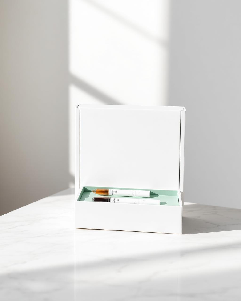The Vivela at-home hormone testing kit on a marble surface
